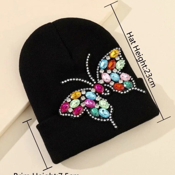 Butterfly Rhinestone Beanie Hat | Glam Bling Crystal Knit Cap | One of a Kind - Picture 2 of 3